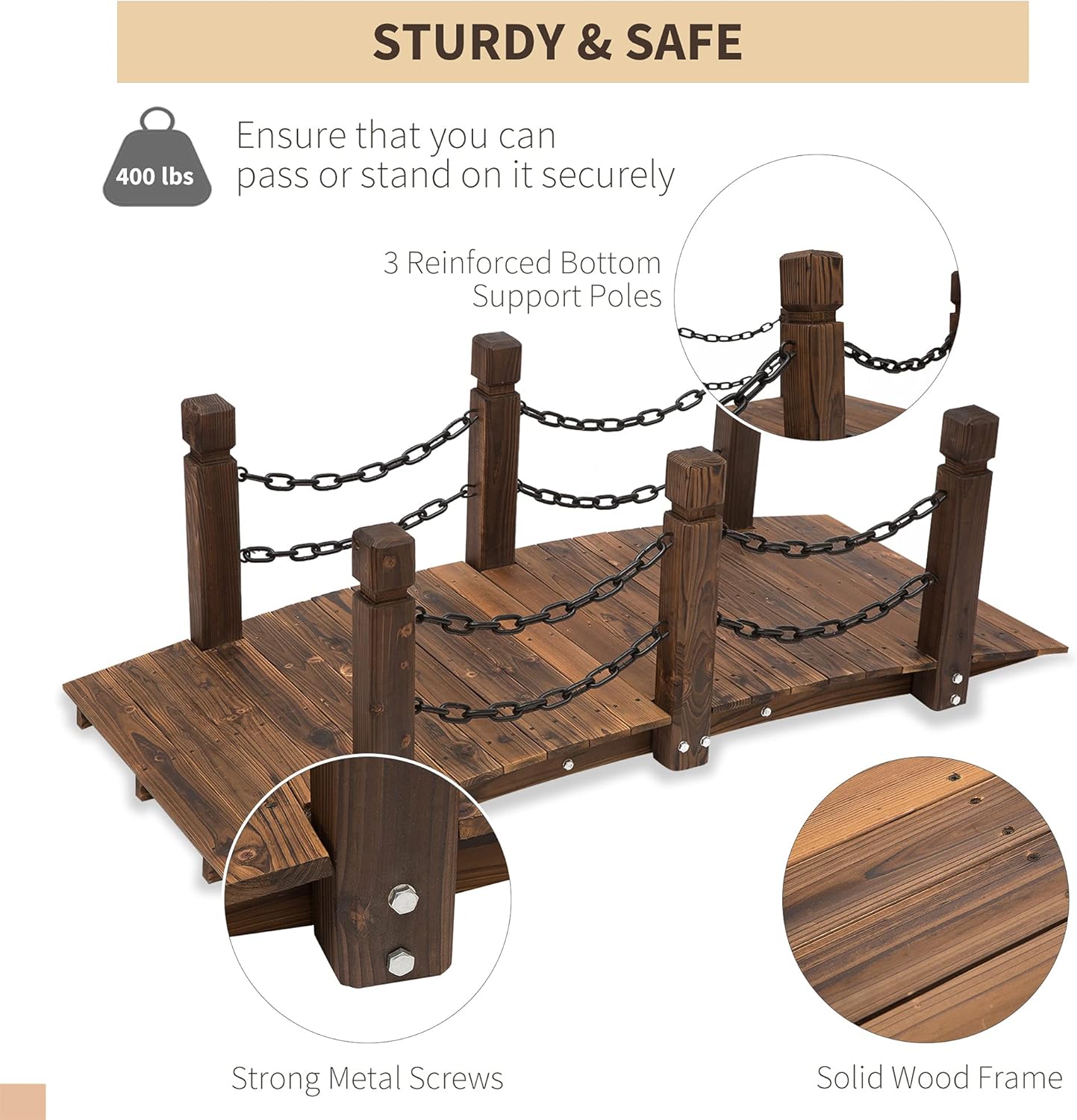 Outsunny 5 ft Wooden Garden Bridge Arc Footbridge with Metal Chain Railings & Solid Fir Construction, Carbonized-VerdiqueGarden