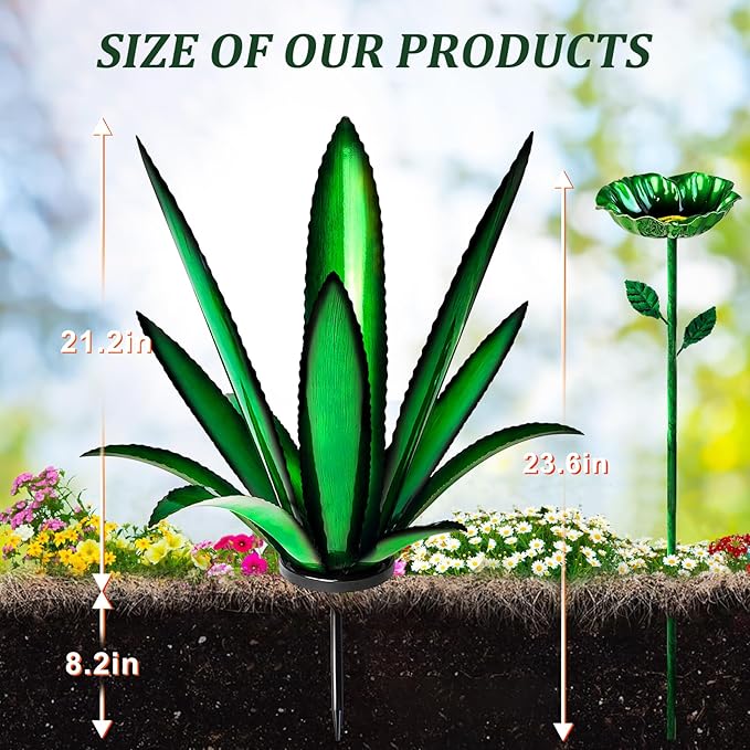 [2024 Upgraded] Large Metal Agave Yard Art, Tequila Rustic Sculpture, Hand Painted Metal Agave Plants with Bird Feeder, Garden Sculpture Statue Outdoor Decor (Green)-VerdiqueGarden