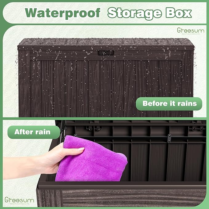 Greesum 120 Gallon Outdoor Storage Box with Lock - Large Resin Deck Box, Reinforced Lid for Garden, Patio, Lawn, Brown-VerdiqueGarden