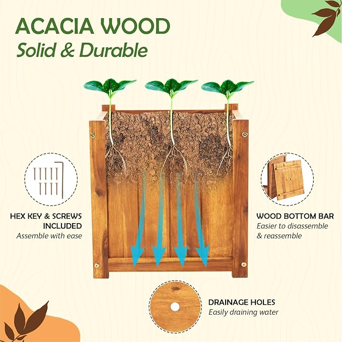 Idzo Set of 2 Hardwood Outdoor Flower Box, Durable Acacia Wood Flower Boxes for Outdoor Plants with Ergonomic Handles, Drainage Holes, Multiple Sizes Wood Bucket Planter for Home Décor-VerdiqueGarden