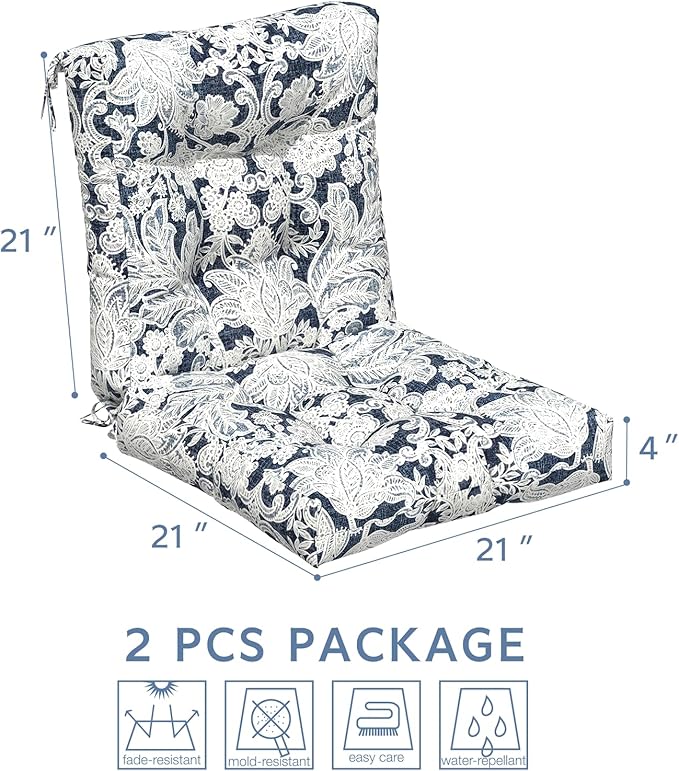 LVTXIII Outdoor Low Back Chair Cushions, Seasonal Replacement Adirondack Chair Cushion with Ties, Patio Waterproof Seat Cushions for Home Garden Use, 21 W x 21 D, Set of 2, Damask Lapis-VerdiqueGarden