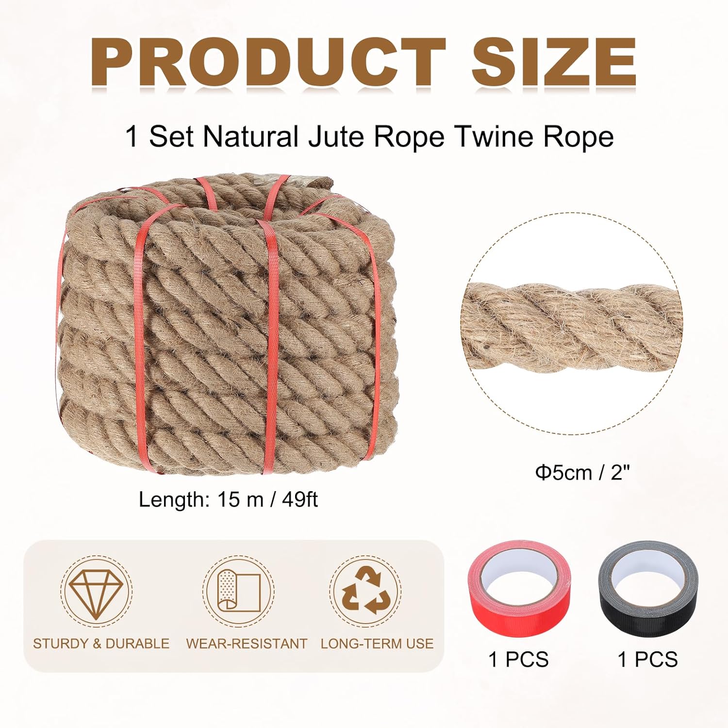 MECCANIXITY Jute Rope 2 Inch x 49ft, Thick Twine Rope Ropes Braided Jute Twine Natural Brown Burlap Cord String Heavy Twisted with Tapes for Decorative Crafts Railing Swing Tug of War-VerdiqueGarden