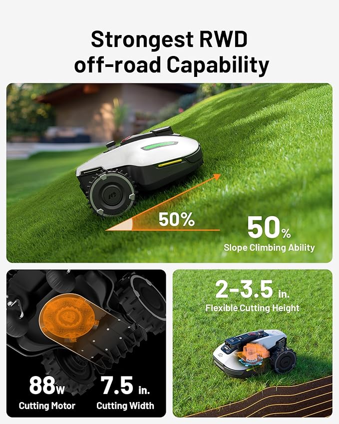 YUKA Mini 500H Robotic Lawn Mower Reception 0.12 Acre,Max. 0.17 Acre, Ultrasense AI Vision+ RTK Positioning, Auto Mapping, App Control, 50% Slope, Cutting Height 2''~3.5'', 15 Mowing Zones-VerdiqueGarden