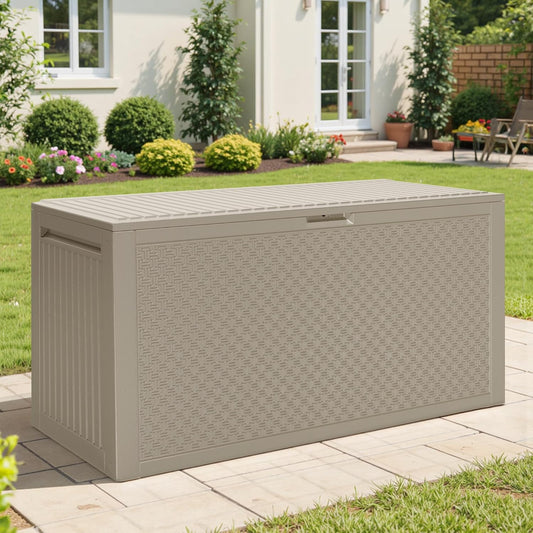 90 Gallon Outdoor Deck Box, Waterproof Outdoor Storage Box, Durable Resin Bin for Patio Cushions, Garden Tools and Pool Accessories, Lockable with UV Protection, Khaki, Patio Furniture-VerdiqueGarden
