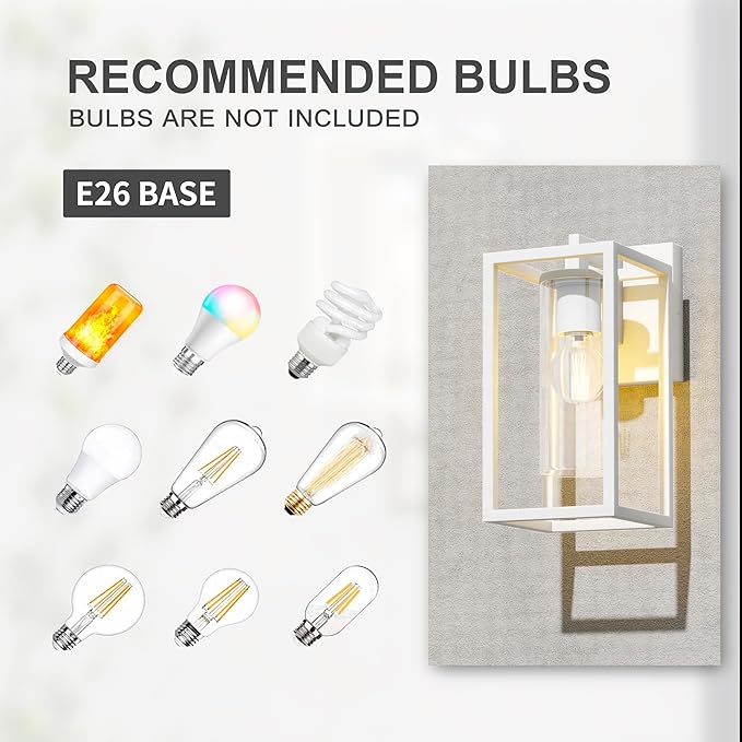 Pia Ricco Outdoor Wall Lights, Outdoor Wall Lantern with Circular Clear Glass Shade, Waterproof Exterior Lighting Fixtures, Modern Front Porch Lighting for House, Garage, E26 Base, ETL Listed, White-VerdiqueGarden