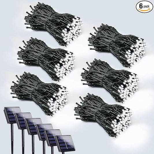 6 Pack 600 LED Solar String Lights for Outside, Solar Christmas Lights Outdoor Waterproof, Green Wire Twinkle Light with 8 Lighting Modes for Xmas Tree Wedding Party Garden Decorations (Cool White)-VerdiqueGarden