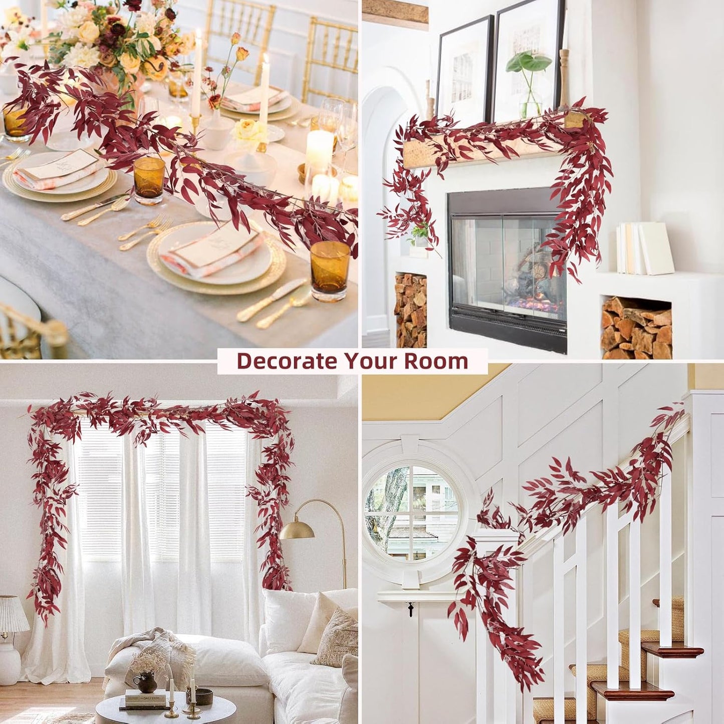 RECUTMS Artificial Hanging Willow Leaves Vine Twigs 2Pcs 5.7Ft Fake Silk Burgundy Leaf Ivy Fall Garland Faux Greenery Indoor Outdoor Valentines Day Wedding Birthday Christmas Thanksgiving Party Decor-VerdiqueGarden