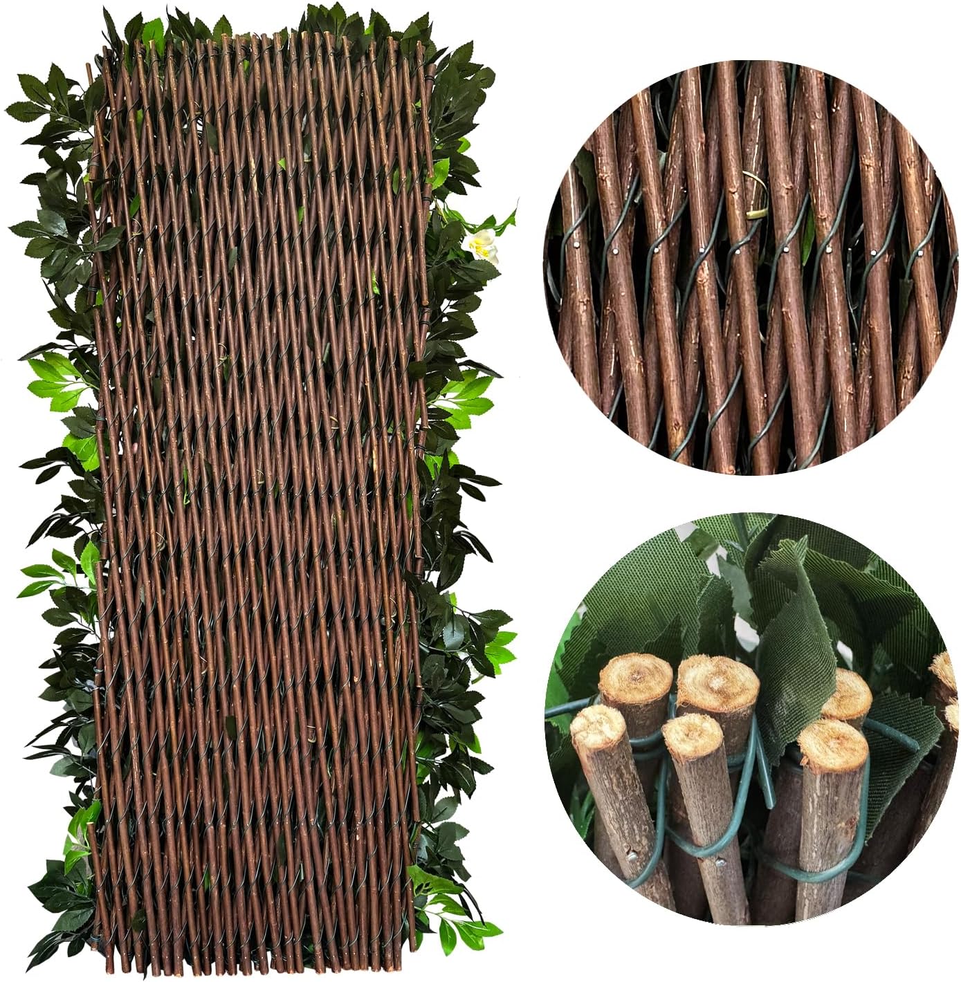Expandable Fence Privacy Screen for Balcony Patio Outdoor,Decorative Faux Ivy Fencing Panel,Artificial Hedges (Single Sided Leaves) (2, Branches -White Fowers)-VerdiqueGarden