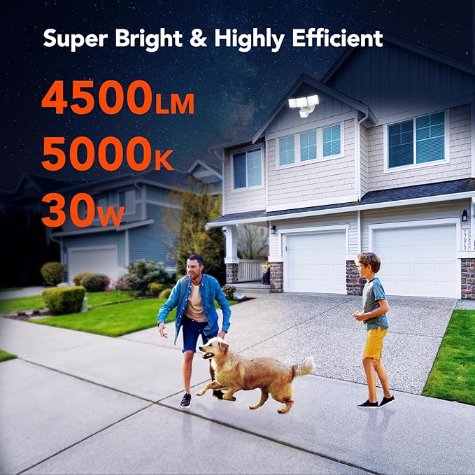 OREiN 2 Pack Motion Sensor Outdoor Lights, 4500LM/30W and 180°/50FT Big Motion Sensor, Dusk to Dawn Flood Lights Outdoor IP65 Waterproof 3 Modes LED Security Light for Garage, Yard, White (Hardwired)-VerdiqueGarden