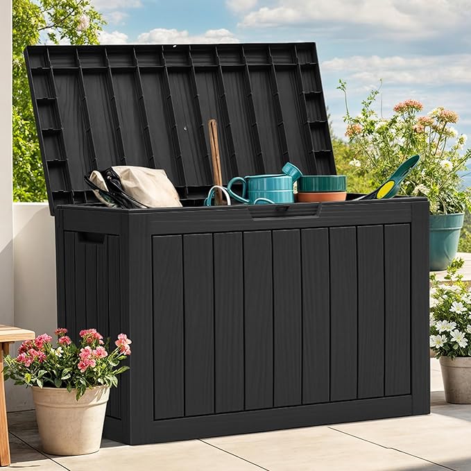 YITAHOME 45 Gallon Deck Box, Outdoor Storage Box for Patio Cushions, Outdoor Tools, Gardening Tools, Sports Equipment, and Throw Pillows, Lockable and Waterproof, Black-VerdiqueGarden
