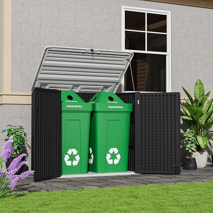 Resin Outdoor Storage Shed, 38 cu.ft Outdoor Storage Box Waterproof for Garden Tools, Patio Furniture, Trash Cans, Garage Storage, Lockable (Black)-VerdiqueGarden