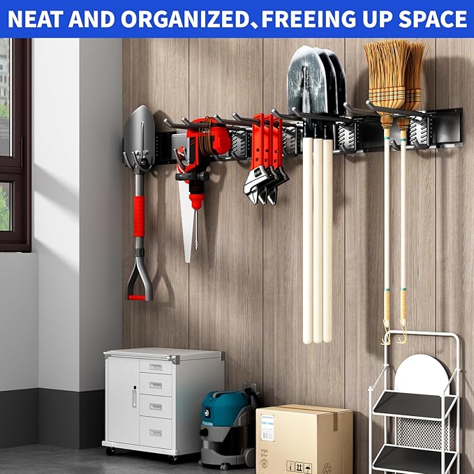 Garage Organization Tool Organizer Wall Mount, 48inch Heavy Duty Garden Tool organizer Storage System, Easy Install With 6 Adjustable Hooks, For Garage, Basement, Shed, Workshop(Black)-VerdiqueGarden