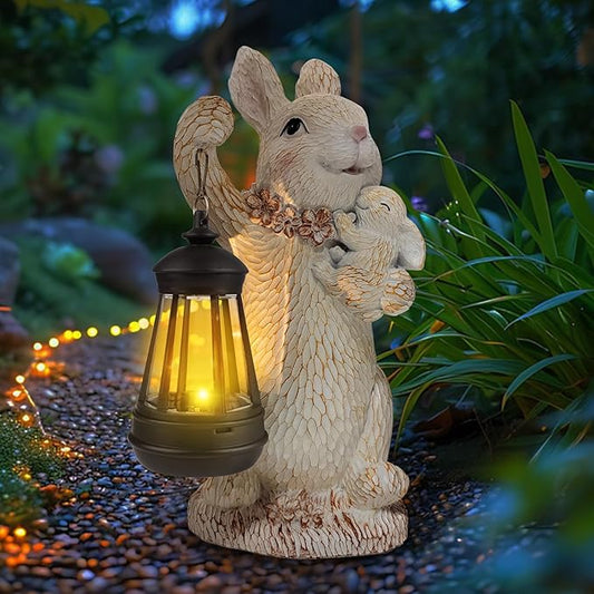 ILLUMINEW Solar Garden Statues Rabbit Lights, Outdoor Lighted Bunny Garden Decor Waterproof Figurines for Patio Porch Balcony Yard Lawn Lantern, Unique Easter Gifts for Mom Grandma Mother-VerdiqueGarden
