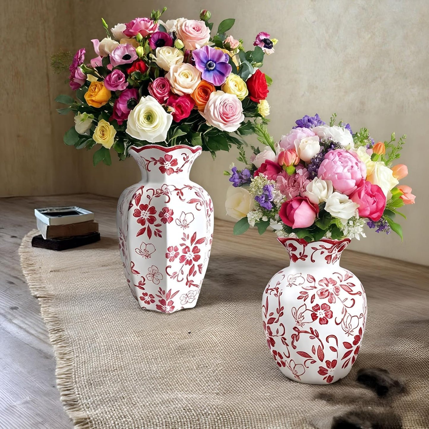 Chinoiserie Vase,Red and White Vase,Vintage Ceramic Vases,Flower Vase for Centerpiece,Chinese Cute Vases for Living Room, Office,Home Decor (Red White, Small)-VerdiqueGarden