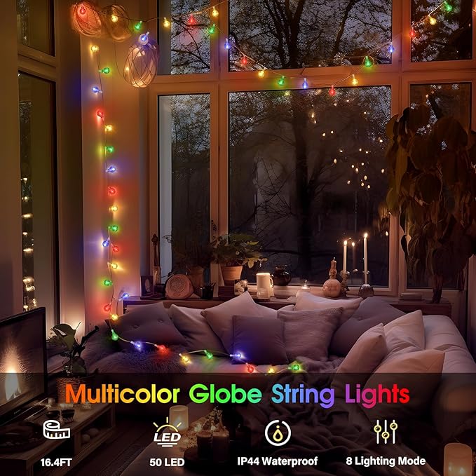 2 Pack Globe String Lights Indoor Bedroom Battery Operated, 16.4ft 50LED Crystal Fairy Light IP44 Waterproof Outdoor Hanging Decorative Lights for Home Tent Patio Garden Party Decor-VerdiqueGarden