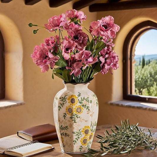 Hand-Painted Sunflower Vintage Ceramic Octagonal Vase, Green Yellow Beige Flower Vases for Bouquet, Fireplace Mantle, Table Centerpieces, Bookshelf, Office, Chinoiserie Floral Home Decorations 9.1 in-VerdiqueGarden