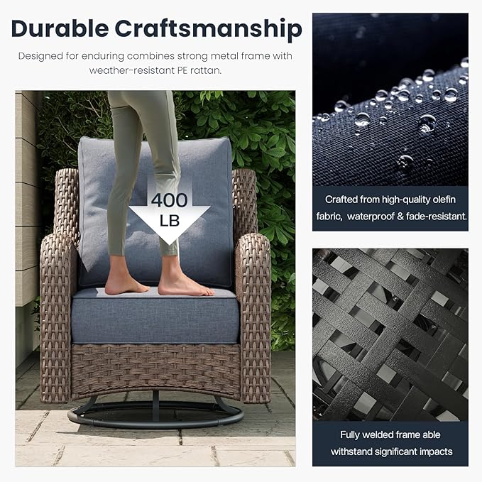 8 Pieces Outdoor Patio Furniture Sets with Rocking Swivel Chairs with 6-inch Thick Cushion and Fire Pit Table for Deck Lawn-VerdiqueGarden