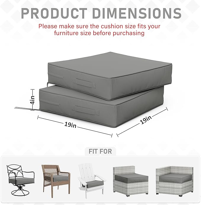 Patio Chair Cushions 19 X 19 X 4 Inch Waterproof Outdoor Seat Cushions for Patio Furniture, Outdoor Sofa Couch Pads with Ties & Handle, Set of 2, Light Grey-VerdiqueGarden