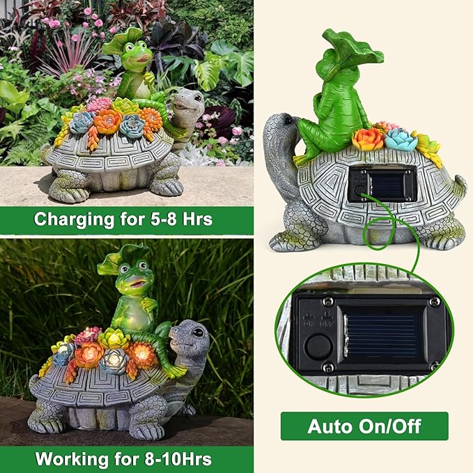 ILLUMINEW Solar Garden Outdoor Statues Turtle& Frog with Succulent and 8 LED Lights, Turtle Carrying Lotus Leaf Frog Figurines, Lawn Decorations for Patio Yard Gifts for Mom Grandma Housewarming-VerdiqueGarden