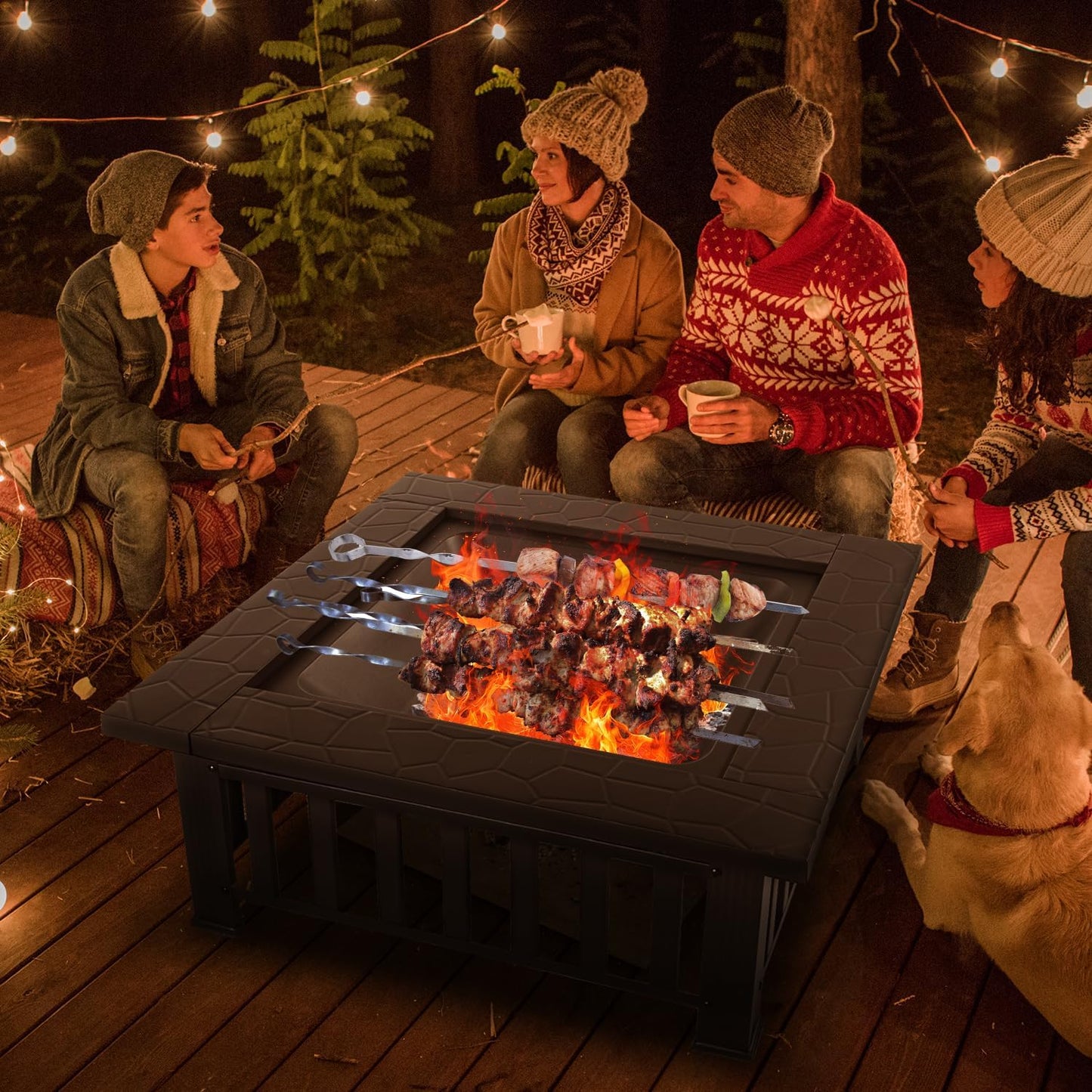 Multifunctional Fire Pit Table 32 inch Square Metal Firepit Stove Backyard Patio Garden Fireplace for Camping, Outdoor Heating, Bonfire and Picnic-VerdiqueGarden