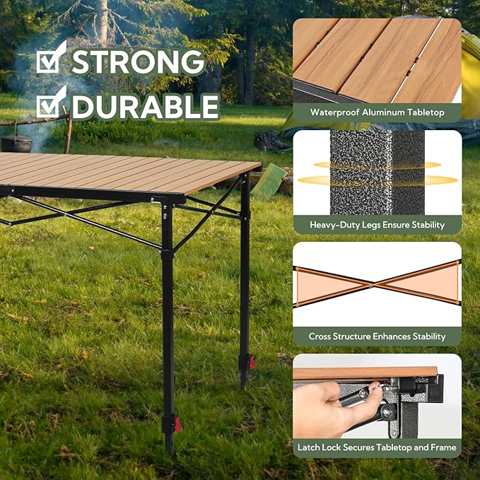 Portable Outdoor Adjustable Height Camping Table, Large for 2-6 Person, Foldable Roll-up Aluminum Camp Table with Carry Bag for Picnic, Camp, Sturdy, Stable, Loads 220 Lbs-VerdiqueGarden