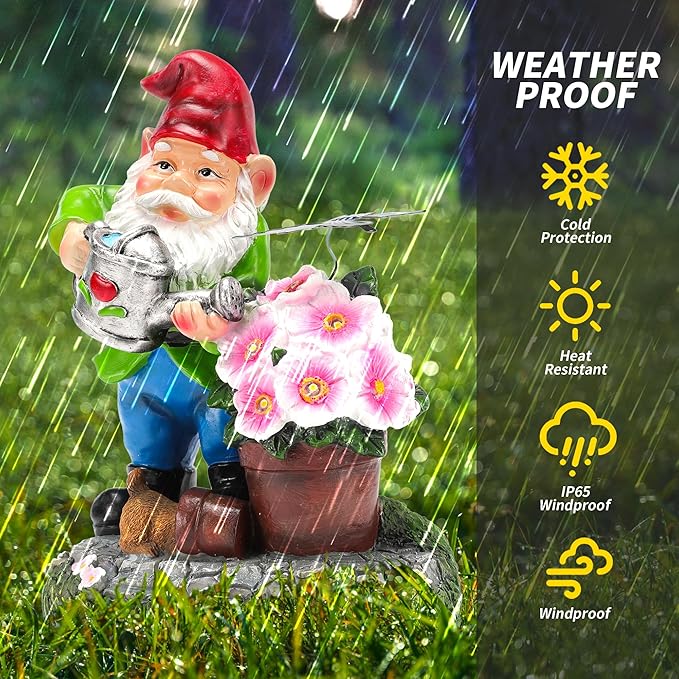 Gnome Figurine Garden Decor, Solar Resin Gnomes Outdoor Statue, Funny Gnome Gift Sculpture Decoration for Home Patio Yard Lawn Porch Ornament-VerdiqueGarden