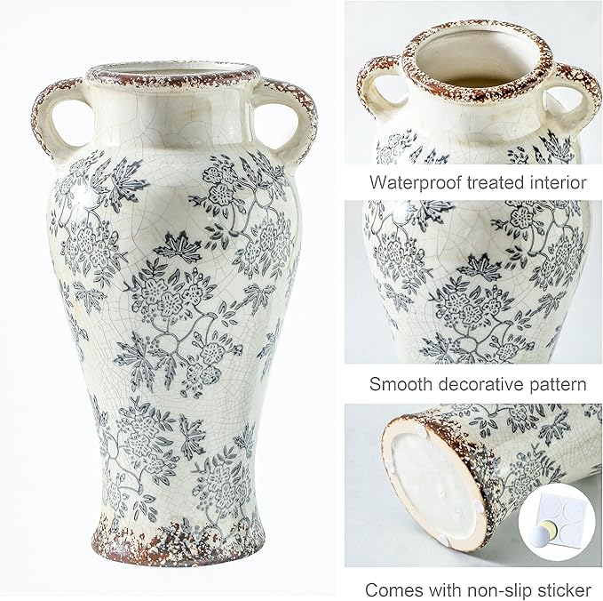 Enra Vintage vase with Handle,12.6 inch Blue and White Ceramic Decorative Flower vase, Chinoiserie Floral Vase,Large Rustic Vases for Home Decors, Living Room, Bookshelf, Office-VerdiqueGarden