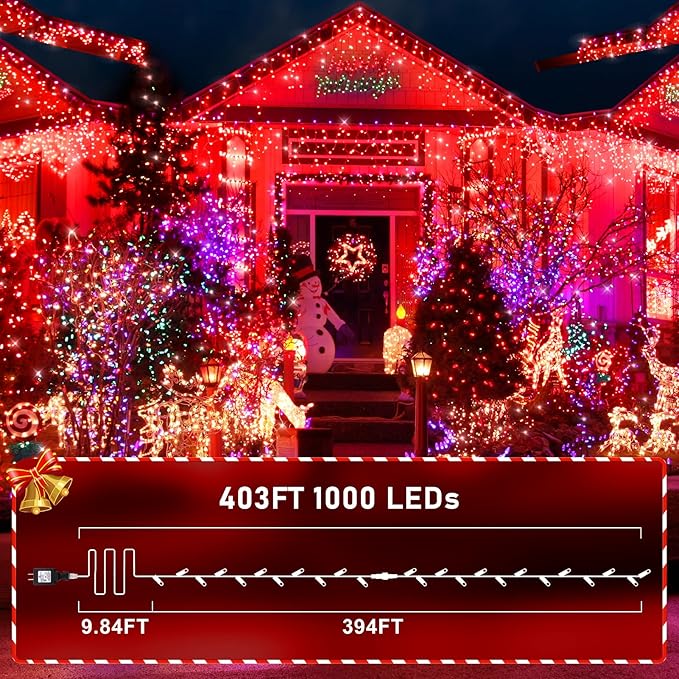 KNONEW 403ft 1000 LED String Lights Outdoor Christmas Lights 8 Modes & Timer Fairy Light Plug in Waterproof LED String Lights for Xmas Yard Tree Wedding Party Holiday Decorations (Red)-VerdiqueGarden