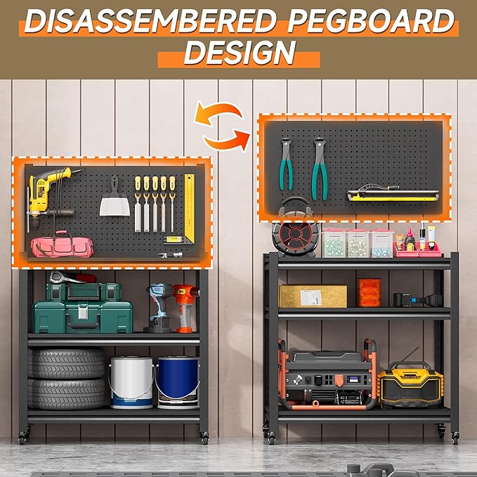 Workbench with Pegboard, Adjustable Heavy Duty Work Table with Wheels, Heavy Duty Workstation, Metal Tool Work Bench for Garage Warehouse Workshop, 48" H x 18" D x 34" W, Black-VerdiqueGarden