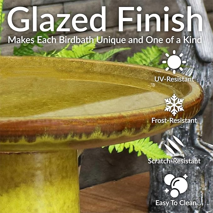 Sunnydaze 21" H Ceramic Bird Bath for Outside - Hand-Painted Outdoor Bird Bath Bowl, UV/Frost-Resistant Finish - Cognac Yellow - Ribbed Pedestal-VerdiqueGarden