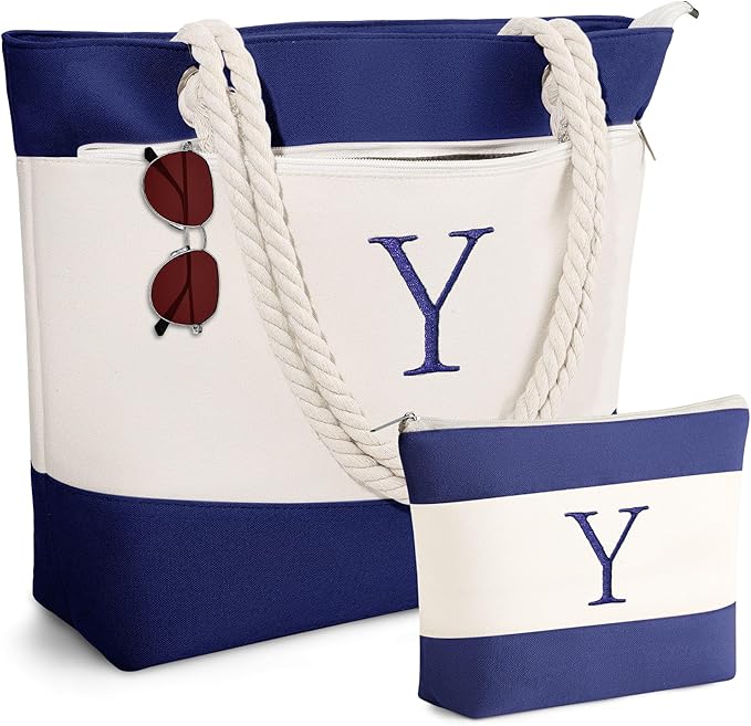 YOOLIFE Beach Bags for Women - Initial Tote Waterproof Bag with Makeup Bag, Mothers Day Gifts for Women Mom Friend Birthday-VerdiqueGarden
