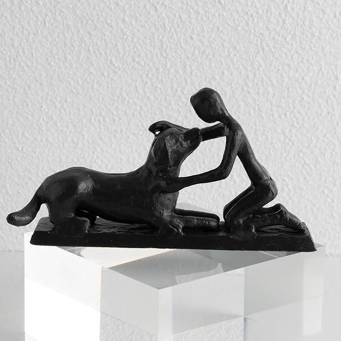 Boy and Dog Statue, Love of Dog Sculpture, Gifts for Dog Lovers, Dog Memorial Gifts for Man and Boy, Cast Iron, Black-VerdiqueGarden