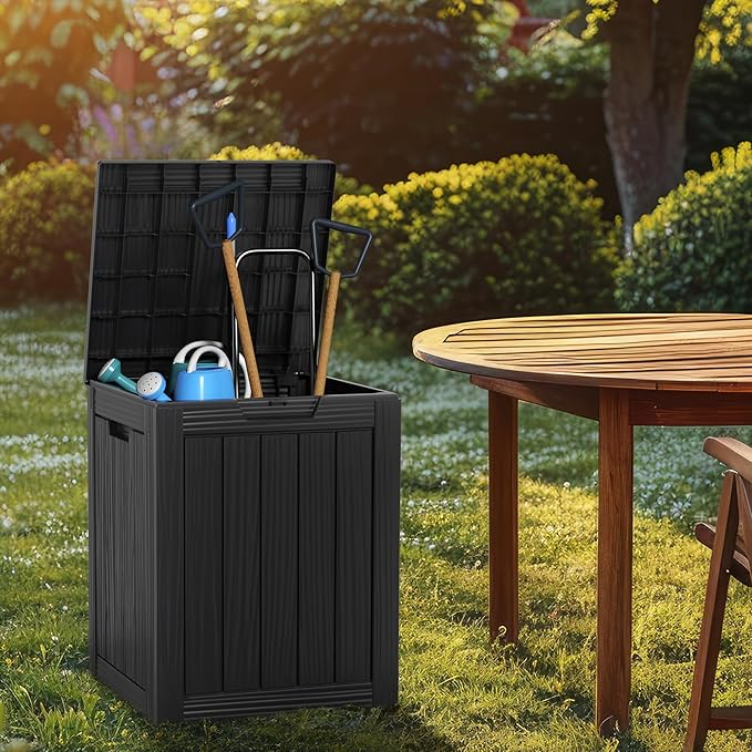 DRATO Deck Boxes, 28 Gallon Outdoor Storage Box for Patio Cushion, Sports Equipment, Garden Tools, Waterproof and UV Resistant, Lockable Black-VerdiqueGarden