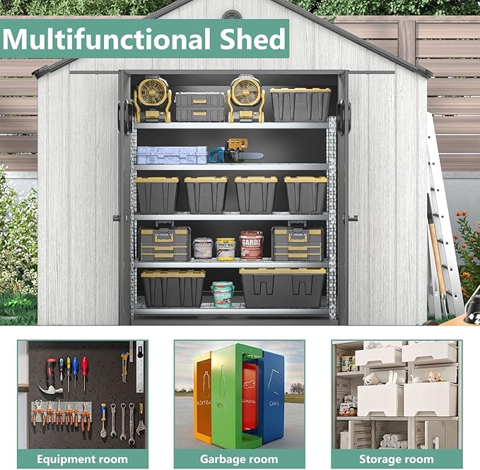 Aoxun 10X8FT Outdoor Shed with Floor, Resin Storage Shed with Lockable Door, Garden Utility Tool Shed Storage House for Backyard, Patio, Lawn-VerdiqueGarden