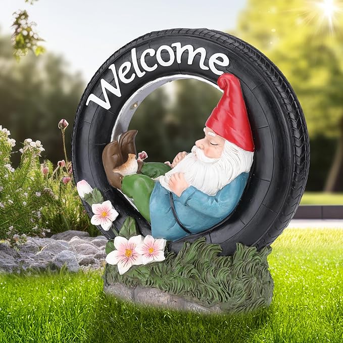 WONDER GARDEN Gnome Garden Decor for Outside - Welcome Gnome Solar Powered LED Light Outdoor Decor, Gnomes Statues Outdoor Funny Resin Garden Sculpture Decorations for Patio, Lawn-VerdiqueGarden