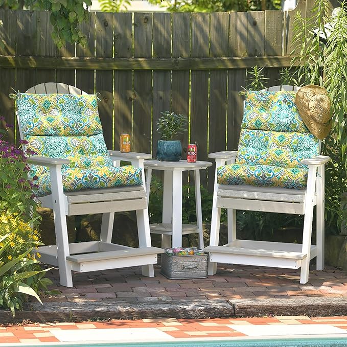 LVTXIII Outdoor Seat/Back Chair Cushion Patio Tufted High Back Cushion, Seasonal Replacement Rocking Chair Cushion with Ties (22” W x 20D”, Set of 2, Damask Green)-VerdiqueGarden