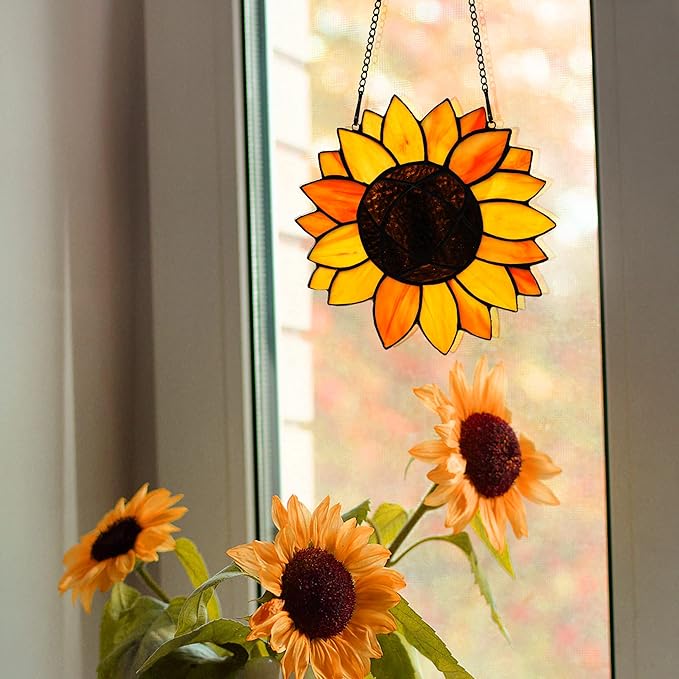 BOXCASA Sunflower Gifts Stained Glass Window Hangings,Sunflower Suncatcher Best Teacher Gifts for Women,Sunflower Decor Suncatcher for Window,Home Decor,Gift for Teacher Mother Grandma-VerdiqueGarden