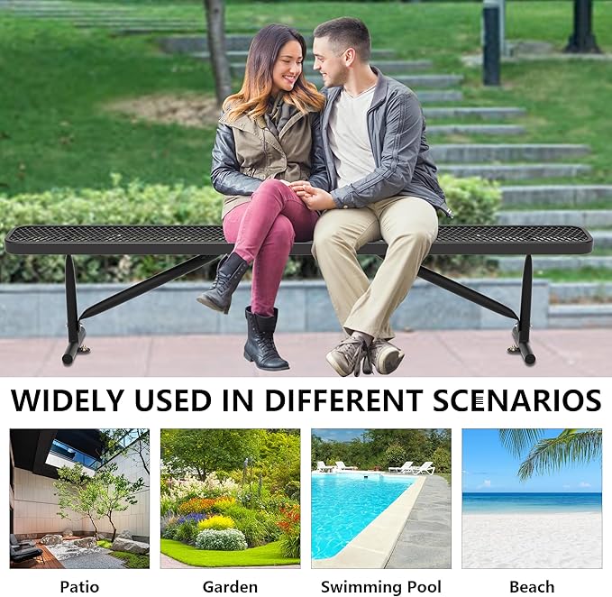 96" L Outdoor Metal Benches, Heavy Duty Garden Park Bench for Outside, Porch Chair Sports Backless Commercial Benches Mesh Bench for Shopping Mall, Store, Lawn, Park, Patio, Deck, Garden-VerdiqueGarden