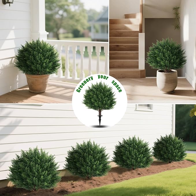Artificial Set of 2 Cedar Topiary Ball Trees 16" for Outdoors with Ground Spike, UV Resistant Faux Cypress Plants, Evergreen Shrubs Bushes for Front Porch Garden Backyard Decor-VerdiqueGarden