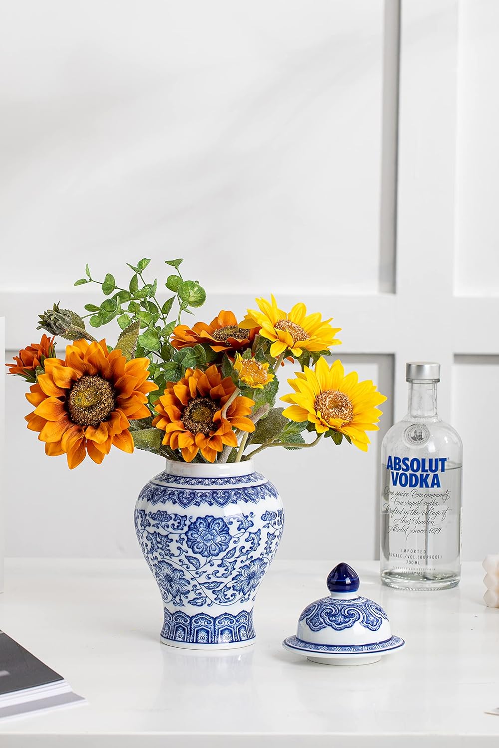 Blue and White Ginger Jar, Ceramic Chinoiserie Decorative Jars for Home, Office, Flower Vase Pocelain, Glossy Vase for Table, Living Room, Bookshelf, Mantle Fireplace, Centerpieces, 9.8"H-VerdiqueGarden