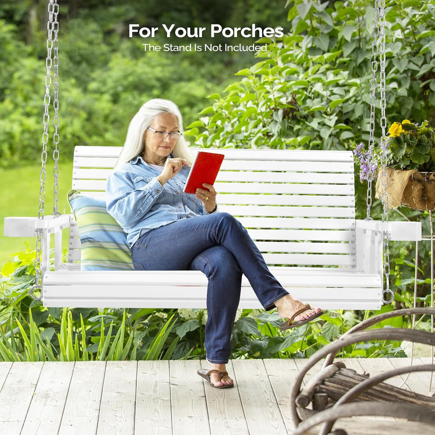 VINGLI XL Size Patio Wooden Porch Swing Outdoor with Cup Holders, Heavy Duty 880 LBS Hanging Swing Chair Bench with Hanging Chains for Yard, Lawn, Garden (4 FT Pro, White)-VerdiqueGarden