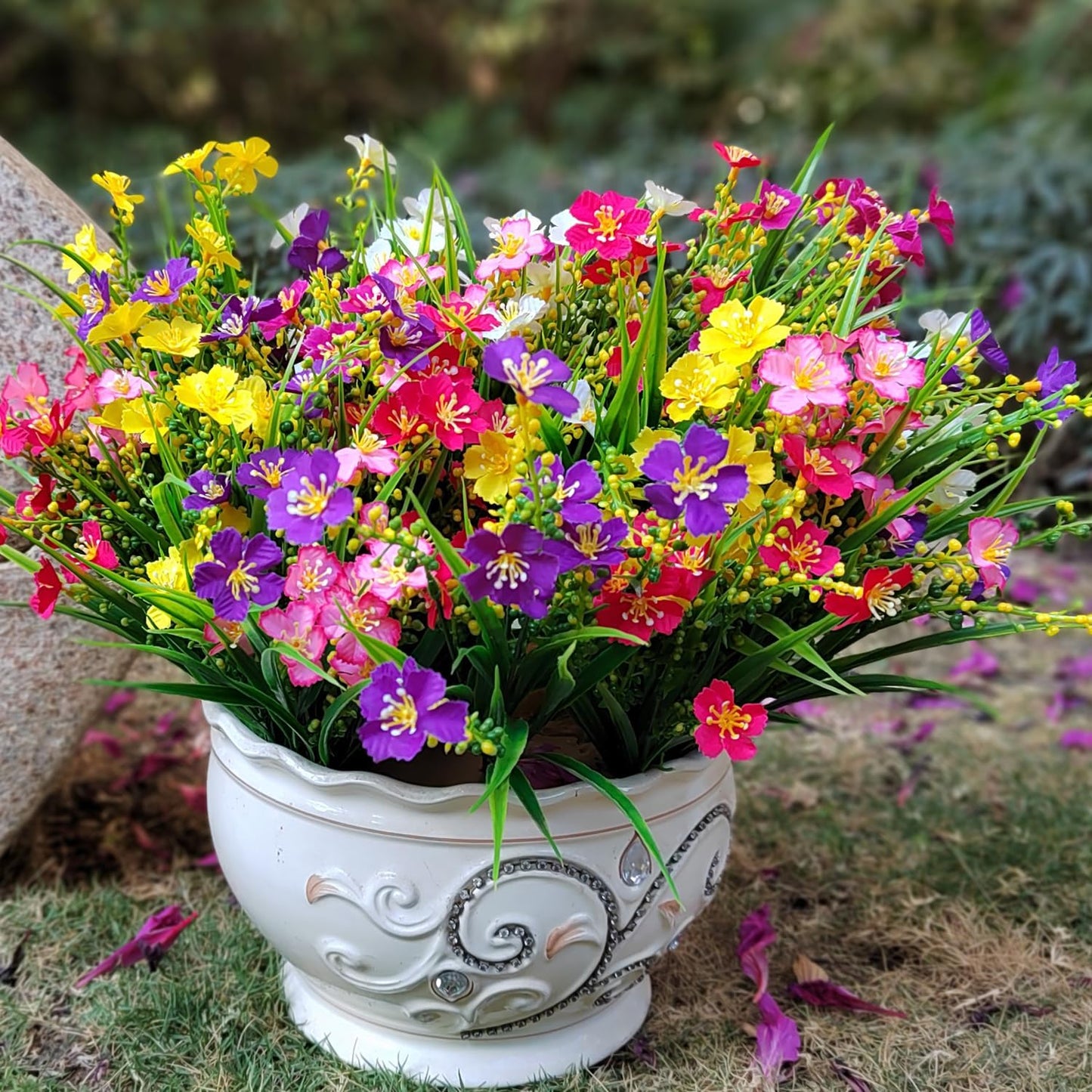 12 Bundles Artificial Flowers Faux Plants Spring Decoration Plastic Plants UV Resistant Shrubs for Home Indoor Outside Garden Window Porch Pots Decoration (Multicolor)-VerdiqueGarden