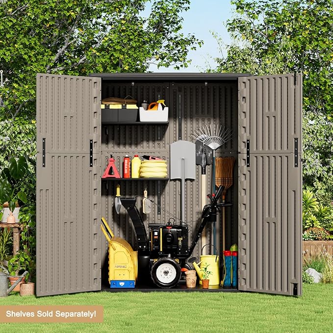 KINYING Outdoor Storage Shed,57 Cu.ft Vertical Outdoor Storage Cabinet Waterproof, Outdoor Resin Tool Shed for Patio Furniture, Garden Tools, Pool Accessories, Lawn Mower(Coffee Color)-VerdiqueGarden