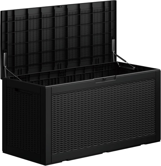 100 Gallon Double-Wall Resin Deck Box - Lockable Waterproof Outdoor Storage Box, 1000lbs Capacity & Doubles as Seating for Patio Furniture - Garden Tools, Pool Accessories (Black)-VerdiqueGarden