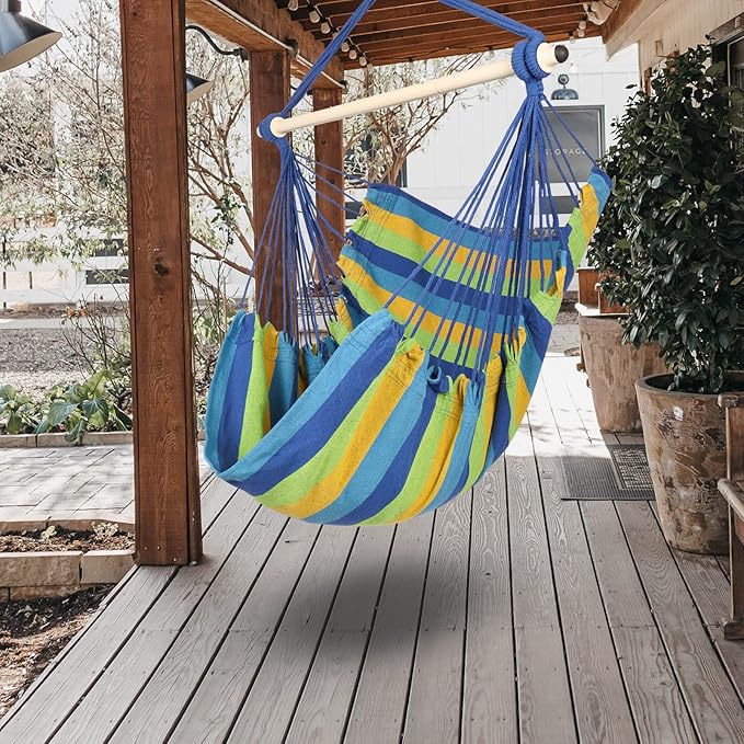 Highwild Hammock Chair Hanging Rope Swing - Max 500 Lbs - Steel Spreader Bar with Anti-Slip Rings - for Any Indoor or Outdoor Spaces (Blue Striped)-VerdiqueGarden