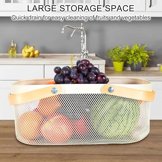 Garden Harvest Basket,Delicate Harvest Basket for Garden Vegetables,Practical Metal Mesh Wire Basket with Handle Suitable for Bathroom,Cabinet,Kitchen(White)-VerdiqueGarden