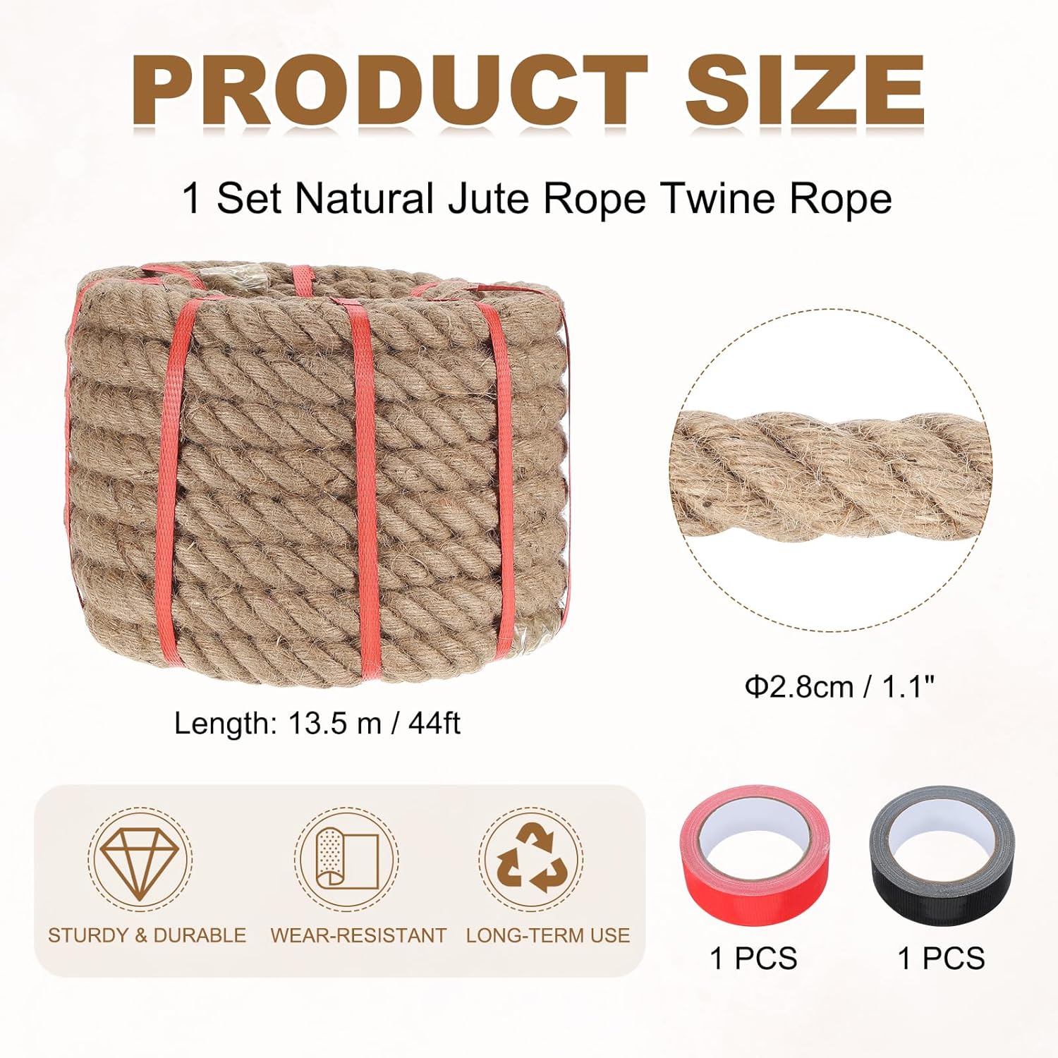 MECCANIXITY Jute Rope 1.1 Inch x 44ft, Thick Twine Rope Ropes Braided Jute Twine Natural Brown Burlap Cord String Heavy Twisted with Tapes for Decorative Crafts Railing Swing Tug of War-VerdiqueGarden