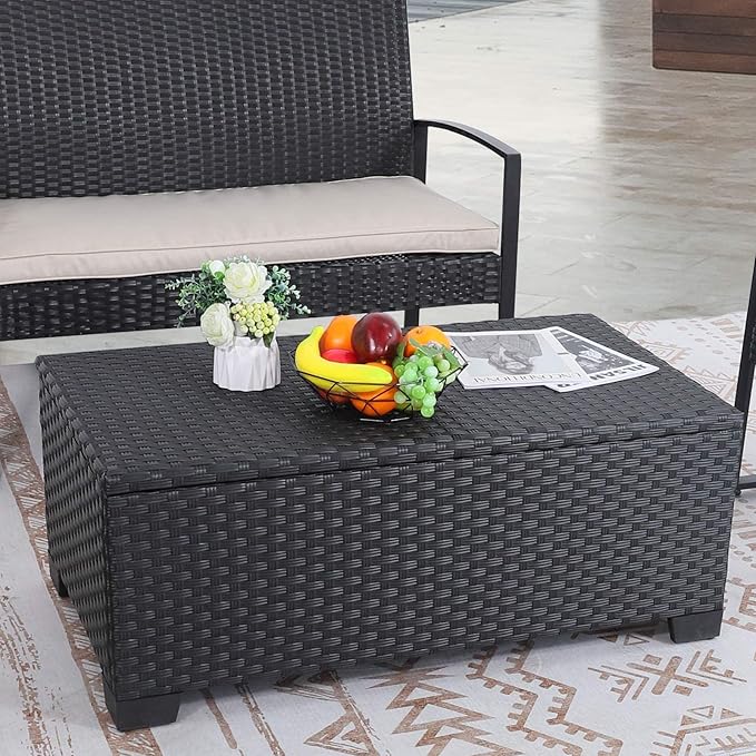 Rattaner Patio Coffee Table with Storage Wicker Outdoor Coffee Table and All-Weather Wicker Side Table with Waterproof Cover, Black-VerdiqueGarden