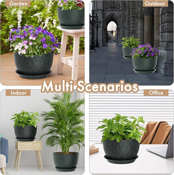12 Inch Wide Water Ripples Flower Pots for Indoor or Outdoor Plants, Large Plant Pots with Drainage Holes & Saucer, Plastic Planters Set for Garden & Home Decor (Black with Green Speckles)-VerdiqueGarden