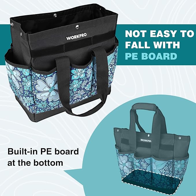WORKPRO Garden Tool Bag, 9 Pockets Gardening Bag, Heavy Duty Oxford Garden Tote Caddy (Tools NOT Included), 12" x 12" x 6" (Floral Blue)-VerdiqueGarden